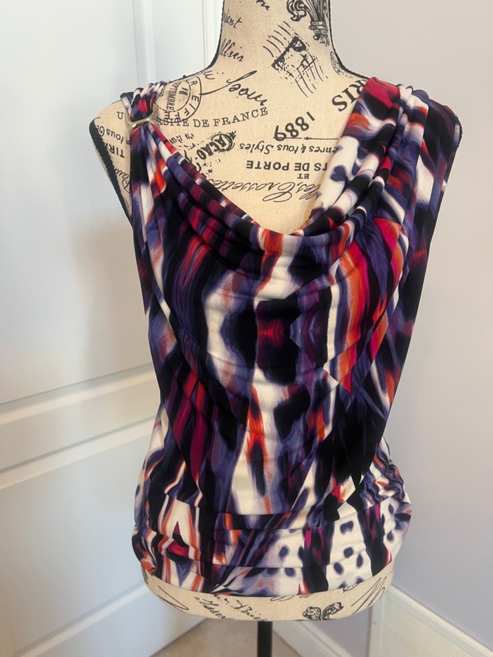 Calvin Klein Multicolor Draped Halter Top in Purple, Black, White & Red